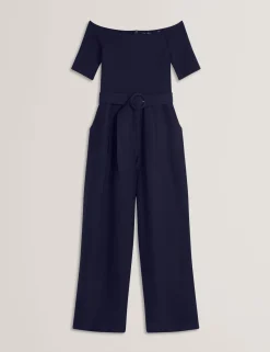 Bardot Knit Top Wide Leg Belted Jumpsuit
