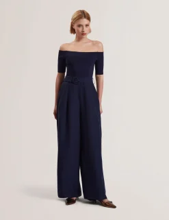 Bardot Knit Top Wide Leg Belted Jumpsuit