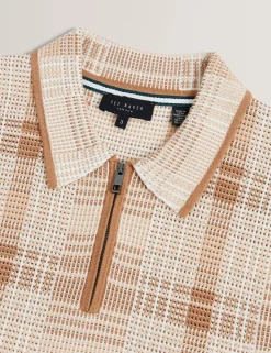 Checked Zip Neck Cotton Knit Polo