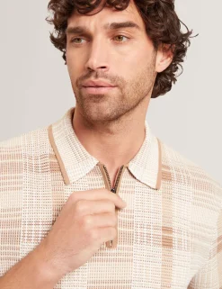 Checked Zip Neck Cotton Knit Polo