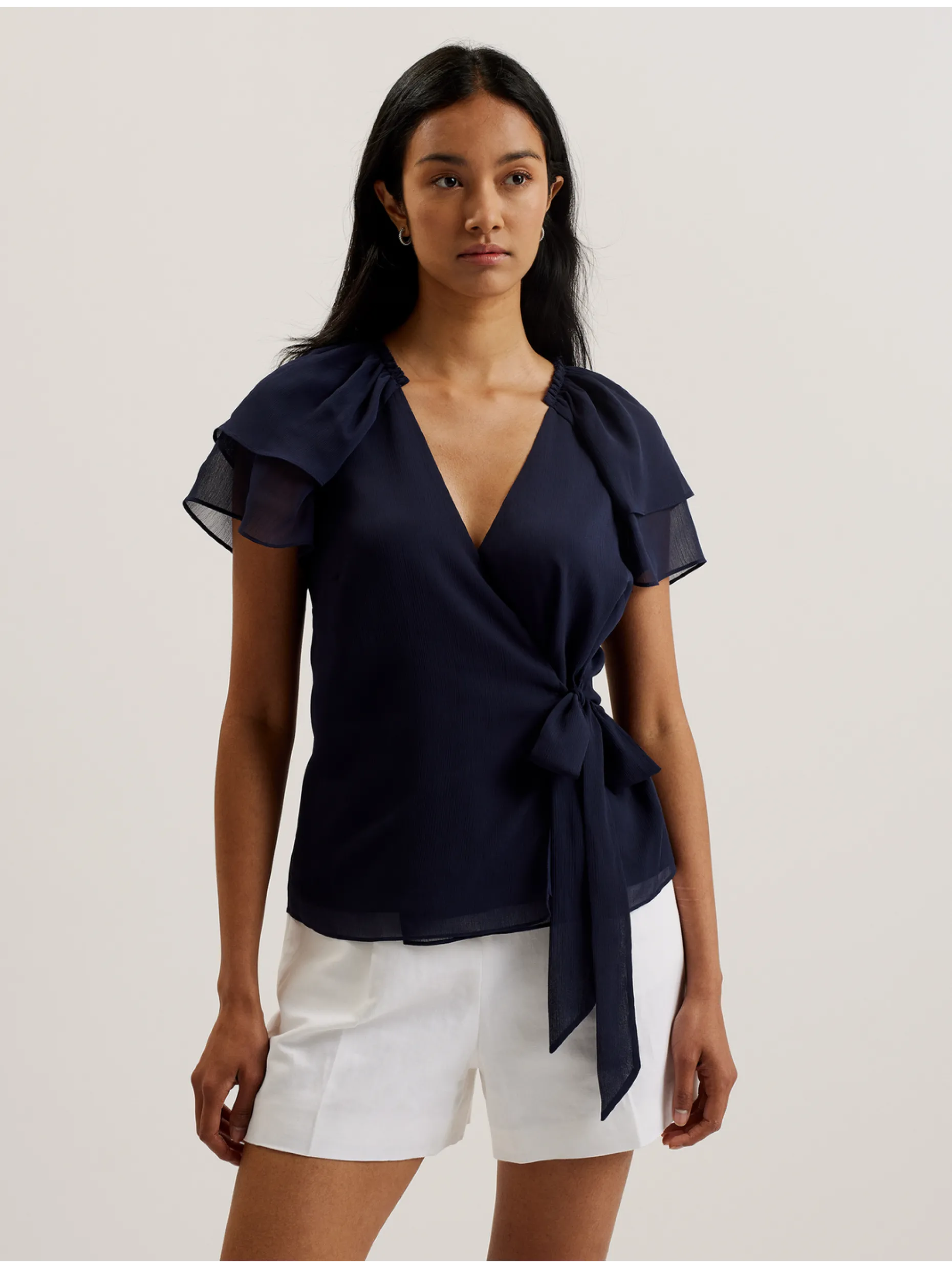 Chiffon Frill Short Sleeve Wrap Top