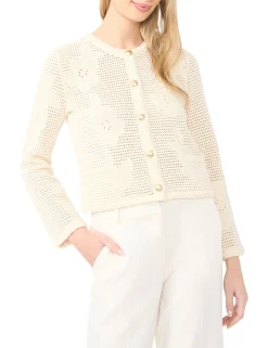 Crochet Knit Crew Neck Cardigan