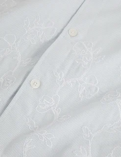 Embroidered Hem Pinstripe Short Sleeve Shirt