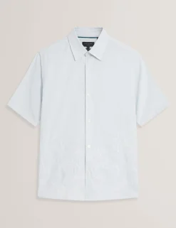 Embroidered Hem Pinstripe Short Sleeve Shirt