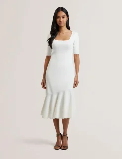 Flippy Hem Square Neck Knitted Midi Dress