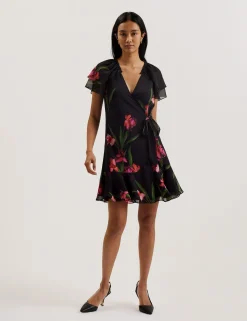 Floral Angel Sleeve Wrap Mini Dress
