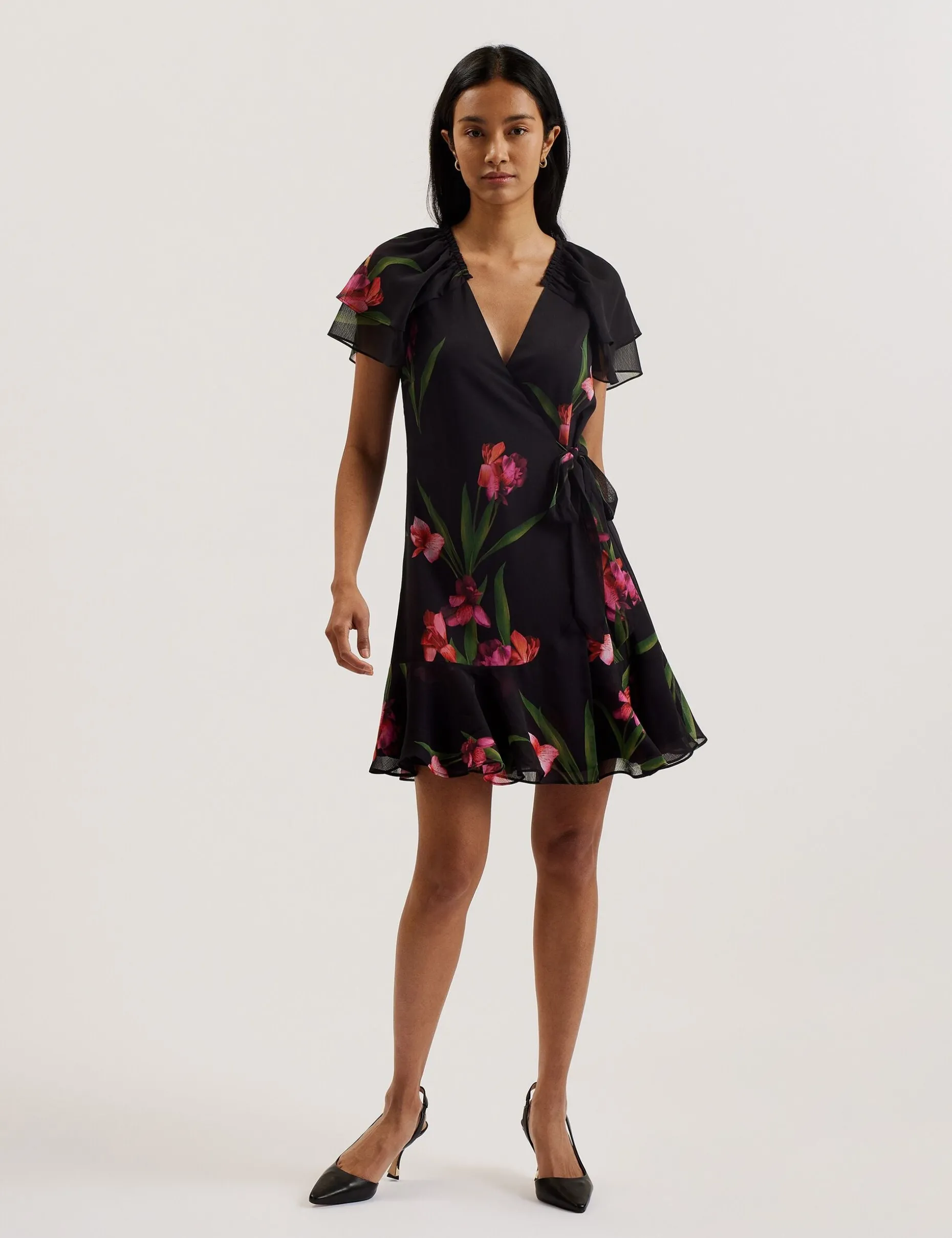 Floral Angel Sleeve Wrap Mini Dress