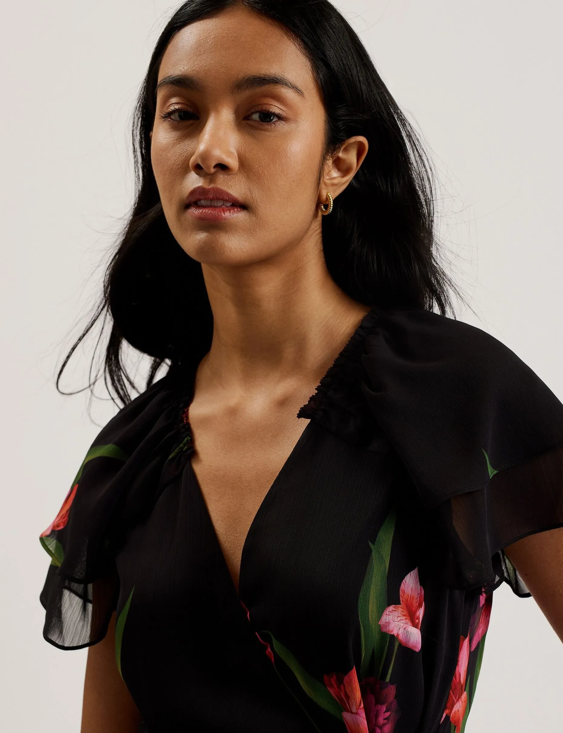 Floral Angel Sleeve Wrap Mini Dress