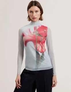 Floral High Neck Long Sleeve Mesh Top