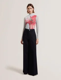 Floral High Neck Long Sleeve Mesh Top