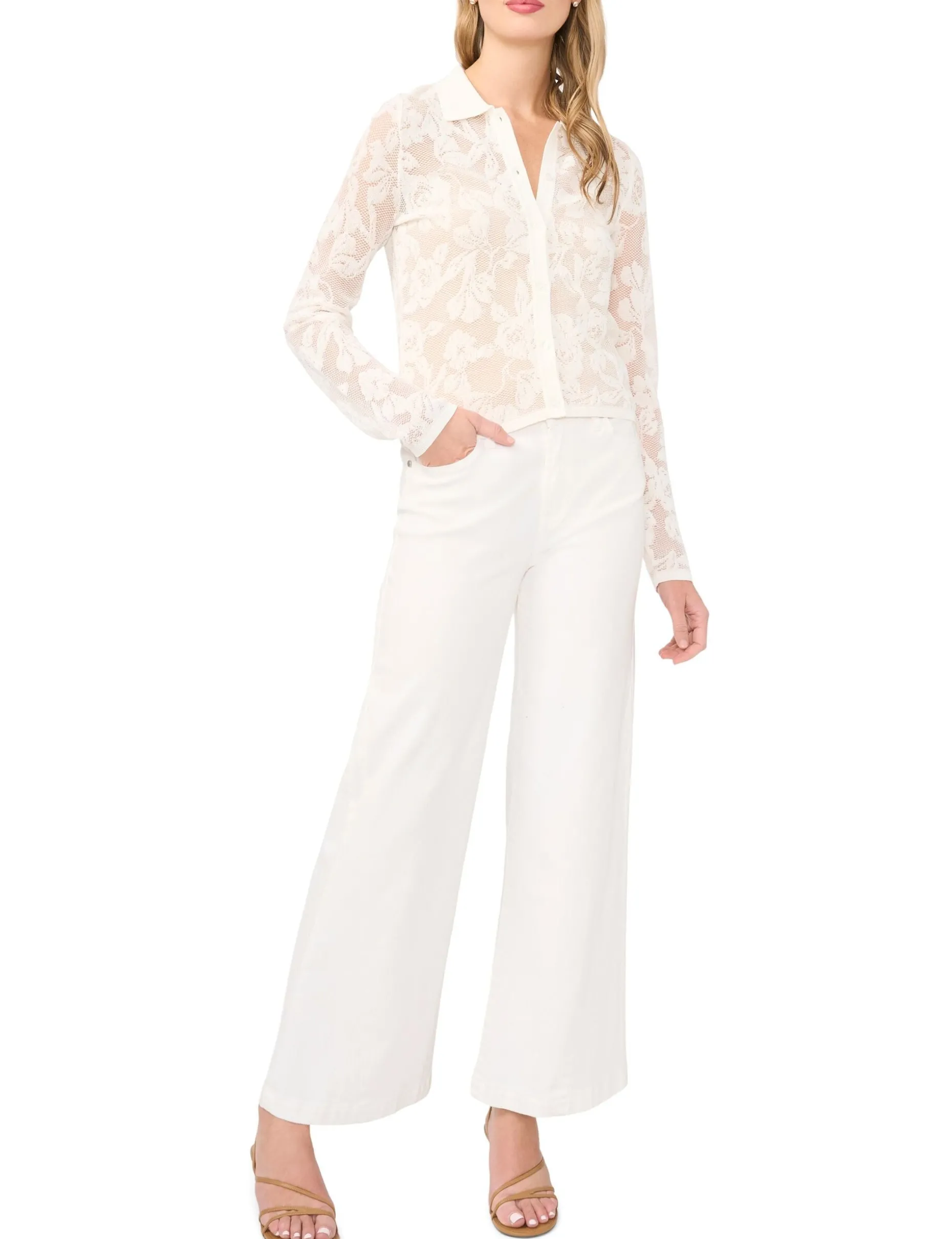 Floral Mesh Knit Button-Up Top
