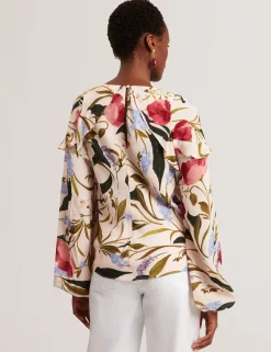 Floral Print Frill Trim Long Sleeve Blouse
