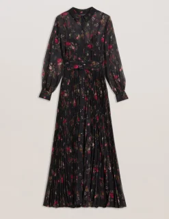Floral Print Pleated Maxi Shirt Dress