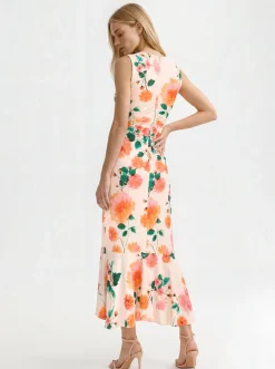 Floral Ruched Front Sleeveless Midi Dress