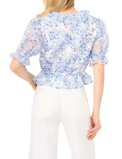 Floral Ruffled V-Neck Cropped Blouse