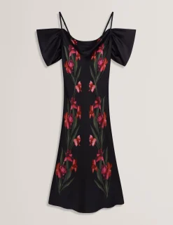 Floral Satin Off Shoulder Bias Midi Dress