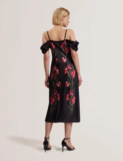Floral Satin Off Shoulder Bias Midi Dress