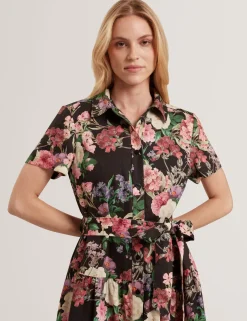 Floral Tie Waist Midi Shirt Dress