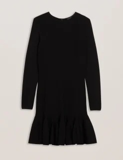 Flounce Hem Long Sleeve Knitted Mini Dress
