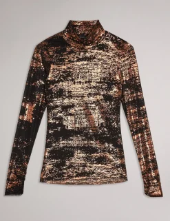 Foil Print High Neck Mesh Top