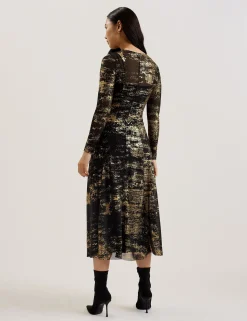 Foil Print Long Sleeve Mesh Midi Dress
