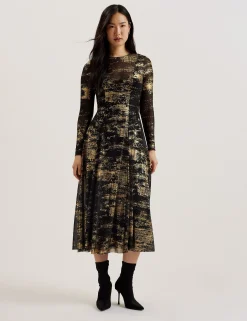 Foil Print Long Sleeve Mesh Midi Dress