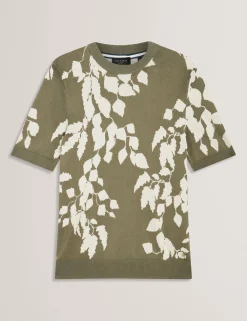 Foliage Print Cotton Fine Knit T-Shirt