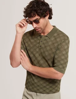 Geometric Open Knit Short Sleeve Polo