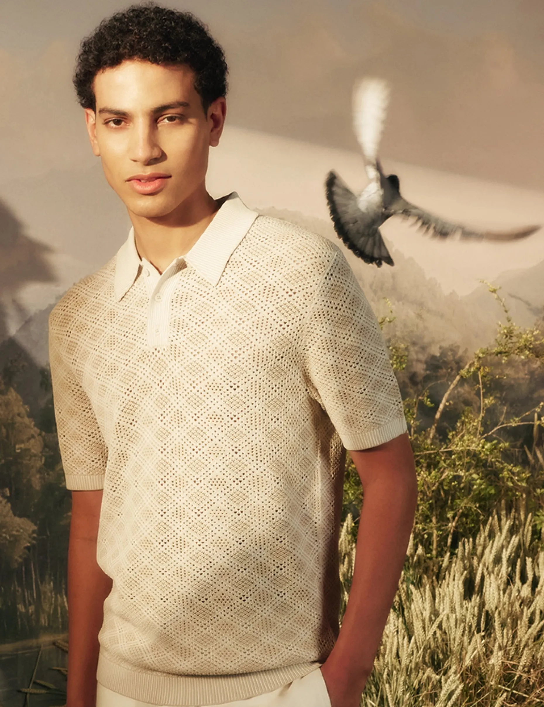 Geometric Open Knit Short Sleeve Polo