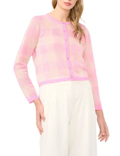 Gingham Knit Crew Neck Cardigan