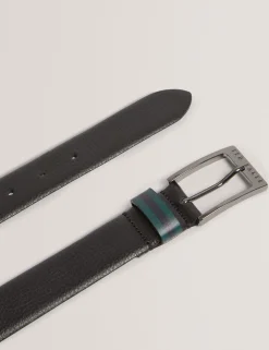 Grained Leather Belt With Striped Loop
