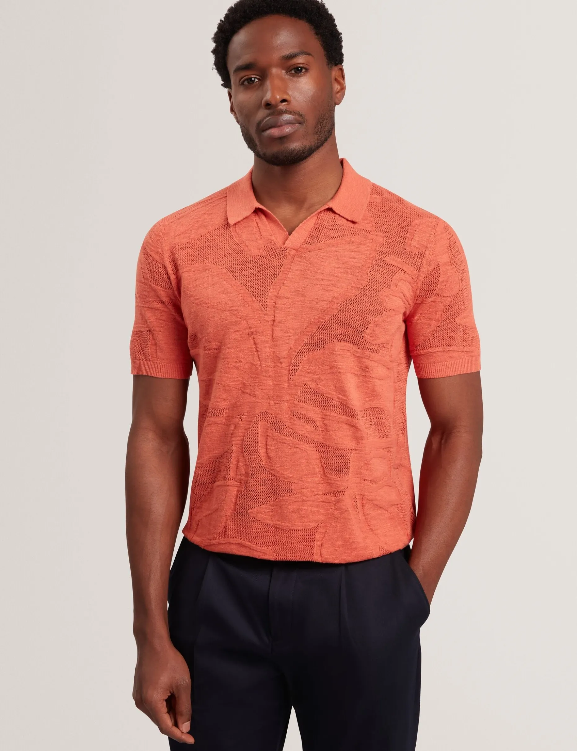 Jacquard Mesh Knit Open Neck Polo