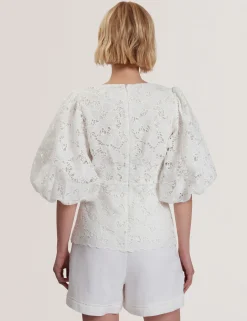 Lace Puff Sleeve V-Neck Peplum Top