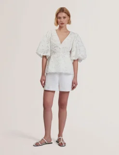 Lace Puff Sleeve V-Neck Peplum Top