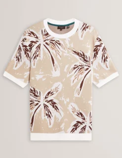 Leaf Print Knitted Crew Neck T-Shirt
