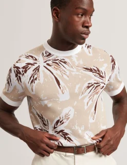 Leaf Print Knitted Crew Neck T-Shirt