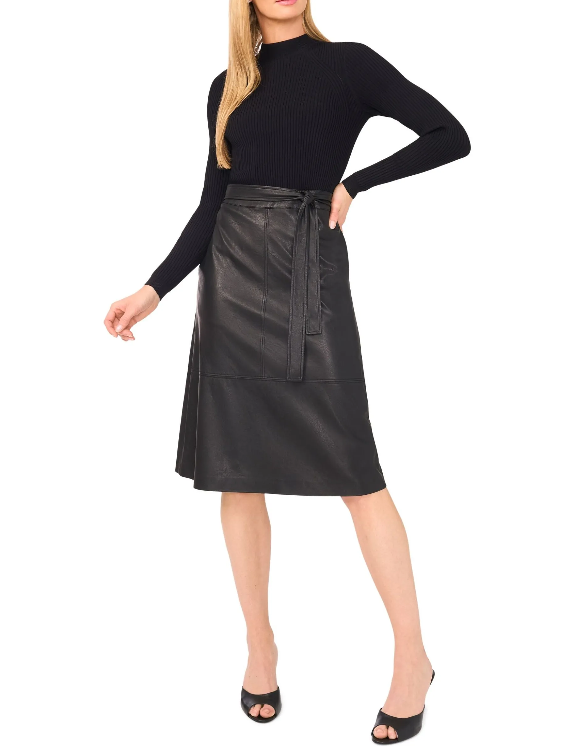 Mock Neck Midi Dress with Faux Leather Skirt