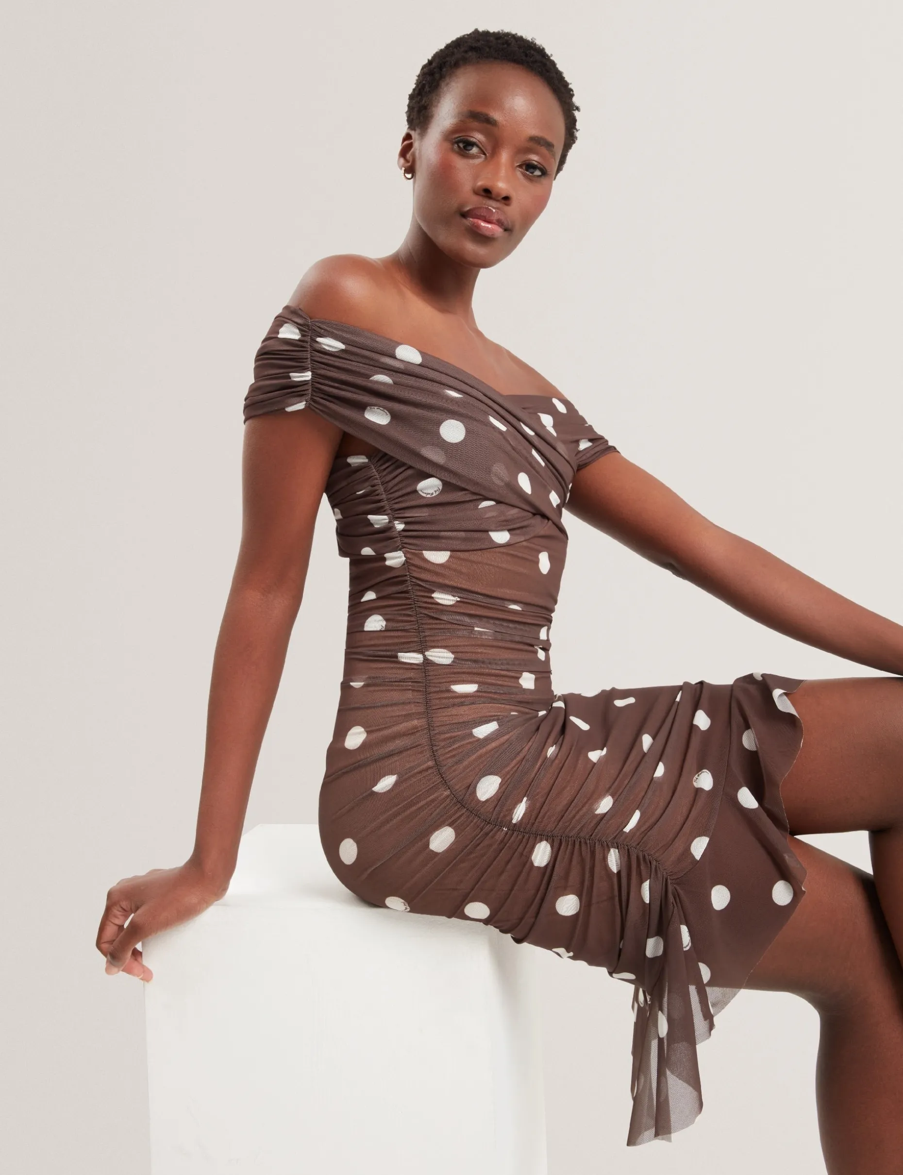 Off-Shoulder Polka Dot Mesh Mini Dress