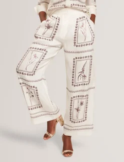 Panel Print Silk Linen Wide Leg Trousers
