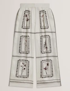 Panel Print Silk Linen Wide Leg Trousers