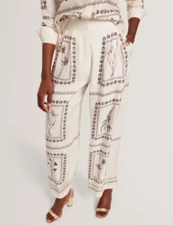 Panel Print Silk Linen Wide Leg Trousers
