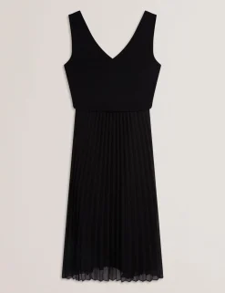 Pleated Midi Dress With Removable Knit Tank