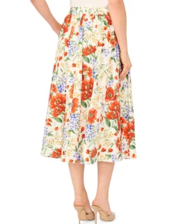 Poppy Print Cotton A-Line Midi Skirt