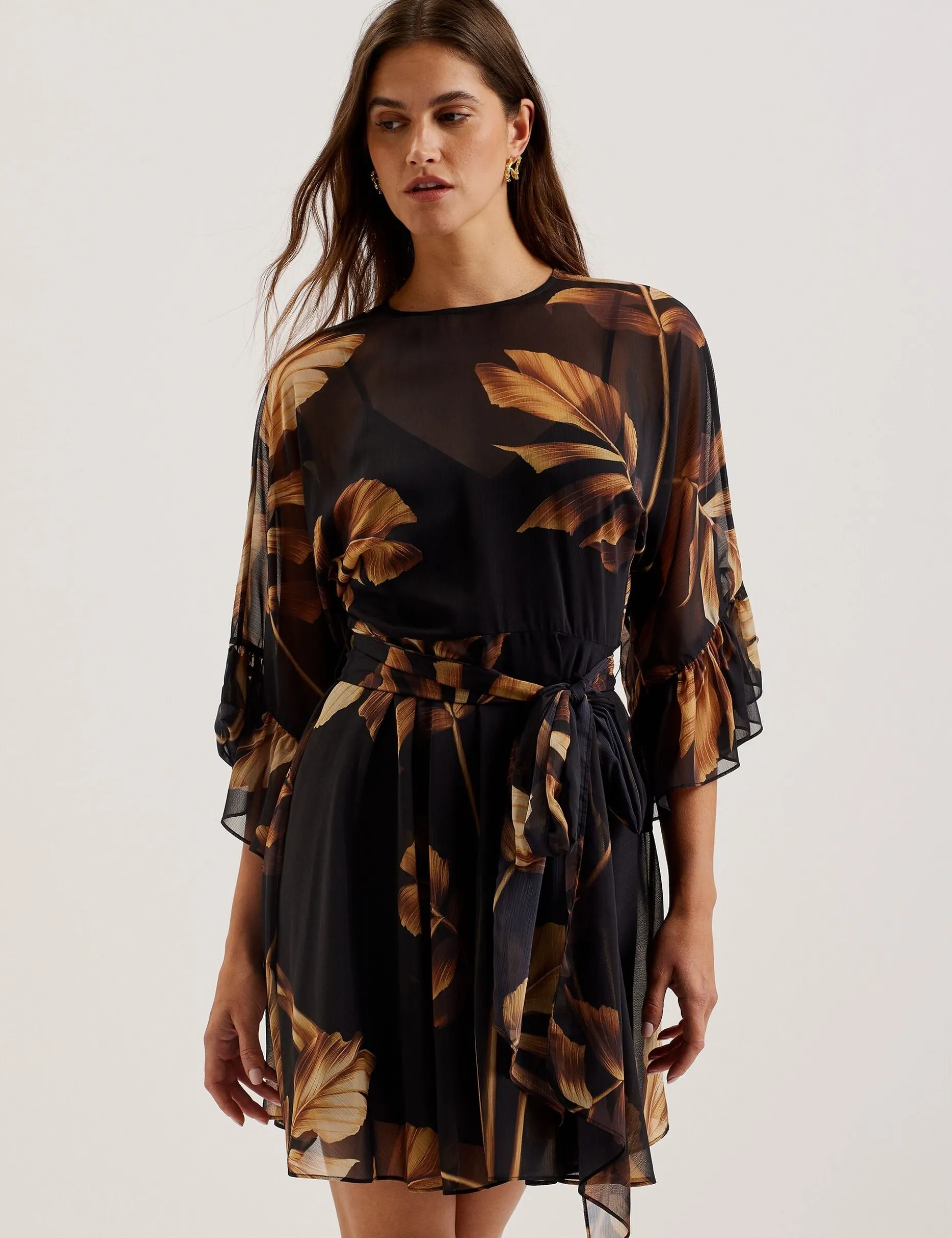 Printed Chiffon Mini Dress With Tie Waist