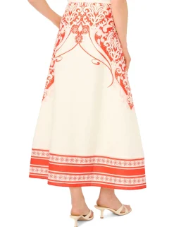 Printed Detail Linen A-Line Midi Skirt