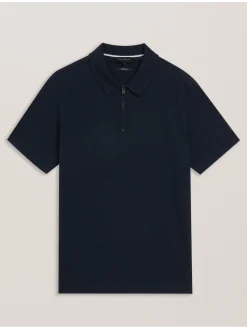 Ribbed Texture Zip Neck Cotton Polo Shirt