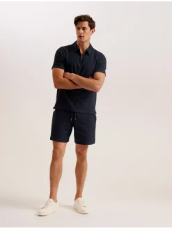 Ribbed Texture Zip Neck Cotton Polo Shirt