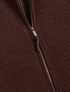 Rib Knit Funnel Neck Zip-Up Sweater