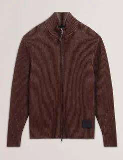 Rib Knit Funnel Neck Zip-Up Sweater