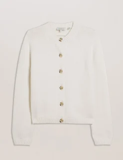Rose Button Knitted Crew Neck Cardigan